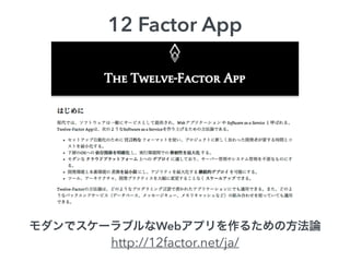 モダンでスケーラブルなWebアプリを作るための方法論
http://12factor.net/ja/
12 Factor App
 