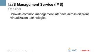 IaaS Management Service (IMS)
     One-liner
        Provide common management interface across different
        virtualization technologies




23   Copyright © 2012, Oracle and/or its affiliates. All rights reserved.
 