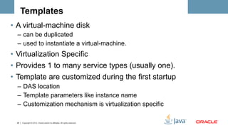 Templates
•  A virtual-machine disk
  –  can be duplicated
  –  used to instantiate a virtual-machine.
•  Virtualization Specific
•  Provides 1 to many service types (usually one).
•  Template are customized during the first startup
  –  DAS location
  –  Template parameters like instance name
  –  Customization mechanism is virtualization specific

  26   Copyright © 2012, Oracle and/or its affiliates. All rights reserved.
 