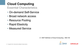 Cloud Computing
    Essential Characteristics
    •  On-demand Self-Service
    •  Broad network access
    •  Resource Pooling
    •  Rapid Elasticity
    •  Measured Service


                                                                           (*) NIST Definition of Cloud Computing – 800-145



3   Copyright © 2012, Oracle and/or its affiliates. All rights reserved.
 