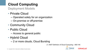 Cloud Computing
    Deployment Models
    •  Private Cloud
          –  Operated solely for an organization
          –  On-premise or off-premise
    •  Community Cloud
    •  Public Cloud
          –  Access to general public
    •  Hybrid Cloud
          –  2 or more clouds, Cloud Bursting
                                                                           (*) NIST Definition of Cloud Computing – 800-145

4   Copyright © 2012, Oracle and/or its affiliates. All rights reserved.
 