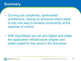 MonitoringRedirect console outputMonitor statistics through JMXPluggable monitoringManagement console:WebCLIAPI (REST, Groovy, Java)Alerts® Copyright 2011 Gigaspaces Ltd. All Rights Reserved 29