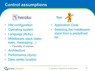 Control assumptions® Copyright 2011 Gigaspaces Ltd. All Rights Reserved 9YouHW configurationOperating systemLanguage (Ruby)Middleware stack (data-base, messaging…)Flexibility of choicesArchitecturePerformance (dyno)Data center locationApplication CodeSelecting the middleware stack from a predefined list