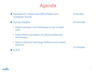 2
► Background: Inspire and 2014 Patient and
Caregiver Survey
► Survey Insights
• Patient Interests in and Willingness to Use e-Health
Tools
• Patient Recommendations for Effective Adherence
Technologies
• Ways to Optimize Technology Platforms and e-Health
Solutions
► Q & A
Agenda
5 minutes
25 minutes
10 minutes
 