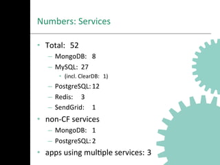 Numbers:	
  Services	
  
•  Total: 	
  52	
  
–  MongoDB: 	
  8	
  
–  MySQL: 	
  27	
  
•  (incl.	
  ClearDB: 	
  1)	
  
–  PostgreSQL:	
  12	
  
–  Redis: 	
  3	
  
–  SendGrid: 	
  1	
  
•  non-­‐CF	
  services	
  
–  MongoDB: 	
  1	
  
–  PostgreSQL:	
  2	
  
•  apps	
  using	
  mulAple	
  services:	
  3	
  
 