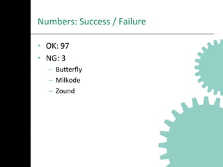 Numbers:	
  Success	
  /	
  Failure	
  
•  OK:	
  97	
  
•  NG:	
  3	
  
–  BuNerﬂy	
  
–  Milkode	
  
–  Zound	
  
 