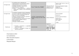 6 
Ao longo do ano 
 Sensibilizar para a importância da implementação de uma alimentação saudável 
 Identificação das crianças com pré- obesidade e obesidade e seu adequado encaminhamento e tratamento 
 Educar a criança/adolescente e respetivas famílias para a adoção de uma alimentação saudável; 
Projeto ”Conta, Peso e Medida” 
Alunos do 5ºano do Agrupamento, E.E, Professores de EF 
Equipa de Saúde Escolar do Centro de Saúde de Anadia 
Dietista do Hospital de Anadia 
Equipa PES 
Chefe de cozinha 
Ao longo do ano 
 Sensibilizar a população escolar do Agrupamento de Escolas de Anadia para a problemática das IACS; 
 Envolver os alunos na promoção da higiene das mãos a nível local e na comunidade; 
 Mobilizar a população escolar para a importância da campanha de higiene das mãos; 
 Alertar a população para a diminuição das infeções através da adoção de medidas corretas na higienização das mãos; 
 Divulgar os trabalhos realizados 
5 de Maio: Comemoração do Dia Mundial da Higiene das Mãos (OMS / DGS) 
Alunos, Professores 
Grupo de Português 
Grupo de EV 
Grupo de Ciências da Natureza 
Equipa do PES 
Ensino Especial 
Pré –escolar 
1ºciclo 
Final do ano 
 Estimular a autonomia e a capacidade criativa dos alunos. 
 Promover a divulgação de alguns dos materiais produzidos. Jornal da Saúde 
Professores, Bibliotecas Escolares do Agrupamento e alunos de todos os graus de ensino, Equipa do PES e comunidade 
20 de Outubro de 2014 
As Coordenadoras: 
Maria Alexandra Gonçalves 
Licínia Simões 
Margarida Marques 