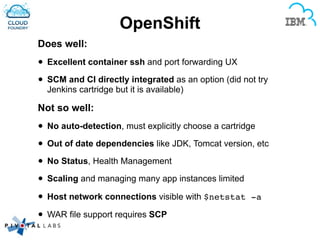 OpenShift
Does well:
• Excellent container ssh and port forwarding UX
• SCM and CI directly integrated as an option (did n...