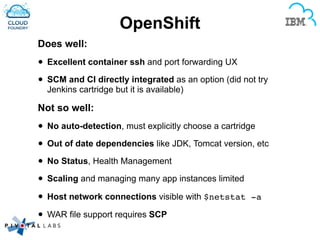 OpenShift
Does well:
• Excellent container ssh and port forwarding UX
• SCM and CI directly integrated as an option (did not try
Jenkins cartridge but it is available)
Not so well:
• No auto-detection, must explicitly choose a cartridge
• Out of date dependencies like JDK, Tomcat version, etc
• No Status, Health Management
• Scaling and managing many app instances limited
• Host network connections visible with $netstat -a
• WAR file support requires SCP
 
