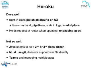 Heroku
Does well:
• Best-in-class polish all around on UX
• Run command, pipelines, stats in logs, marketplace
• Holds request at router when updating, unpausing apps
!
Not so well:
• Java seems to be a 2nd or 3rd class citizen
• Must use git, does not support war file directly
• Teams and managing multiple apps
 