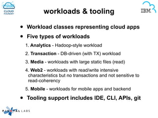 workloads & tooling
• Workload classes representing cloud apps
• Five types of workloads
1. Analytics - Hadoop-style workl...