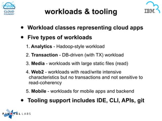 workloads & tooling
• Workload classes representing cloud apps
• Five types of workloads
1. Analytics - Hadoop-style workload
2. Transaction - DB-driven (with TX) workload
3. Media - workloads with large static files (read)
4. Web2 - workloads with read/write intensive
characteristics but no transactions and not sensitive to
read-coherency
5. Mobile - workloads for mobile apps and backend
• Tooling support includes IDE, CLI, APIs, git
 