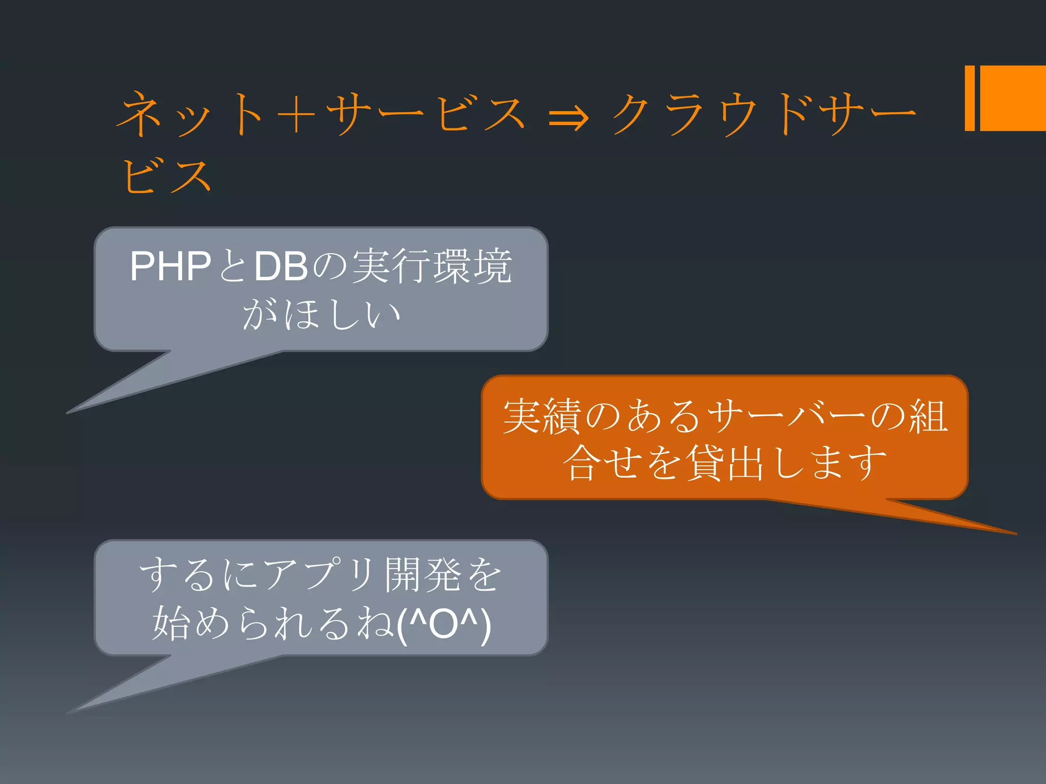 ネット＋サービス ⇒ クラウドサー
ビス
PHPとDBの実行環境
    がほしい

          実績のあるサーバーの組
           合せを貸出します

するにアプリ開発を
始められるね(^O^)
 