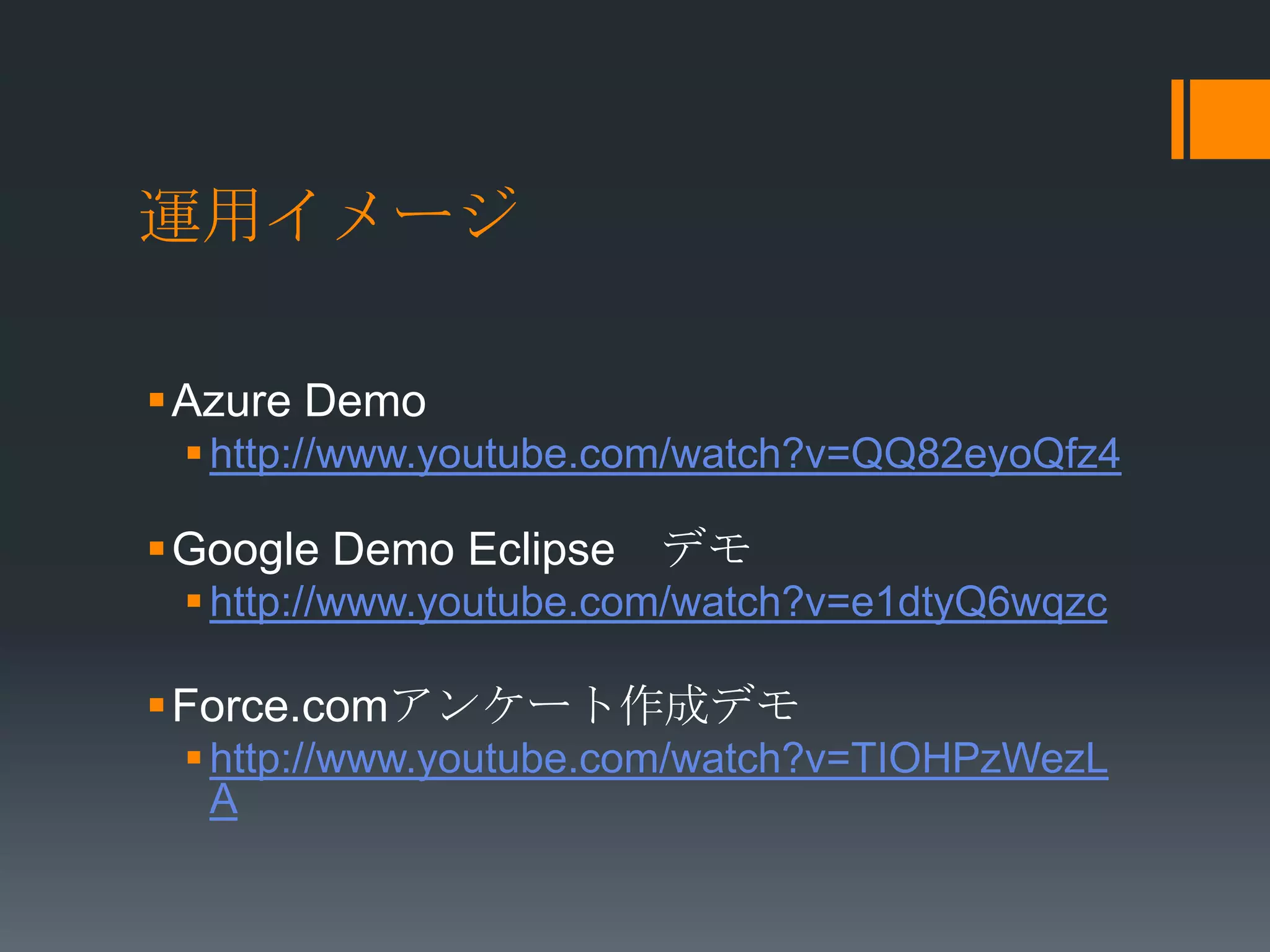 運用イメージ

Azure Demo
  http://www.youtube.com/watch?v=QQ82eyoQfz4

Google Demo Eclipse デモ
  http://www.youtube.com/watch?v=e1dtyQ6wqzc

Force.comアンケート作成デモ
  http://www.youtube.com/watch?v=TIOHPzWezL
   A
 