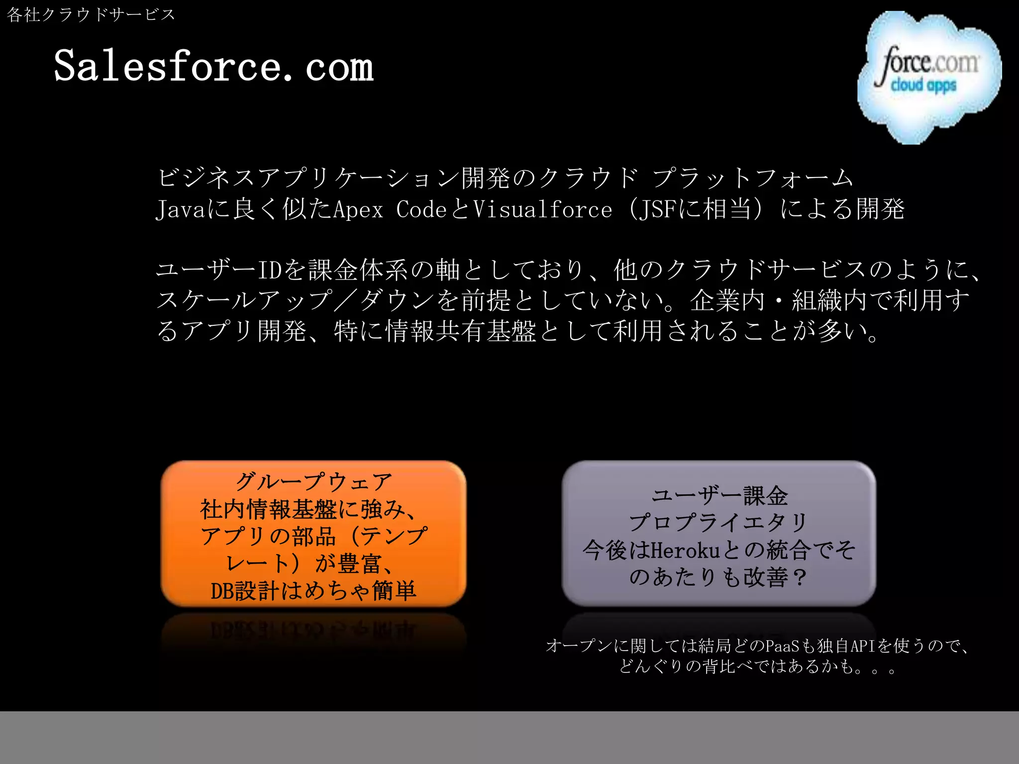 各社クラウドサービス


  Salesforce.com

        ビジネスアプリケーション開発のクラウド プラットフォーム
        Javaに良く似たApex CodeとVisualforce（JSFに相当）による開発

        ユーザーIDを課金体系の軸としており、他のクラウドサービスのように、
        スケールアップ／ダウンを前提としていない。企業内・組織内で利用す
        るアプリ開発、特に情報共有基盤として利用されることが多い。




               グループウェア
                                   ユーザー課金
             社内情報基盤に強み、
                                  プロプライエタリ
             アプリの部品（テンプ
                                今後はHerokuとの統合でそ
              レート）が豊富、
                                  のあたりも改善？
             DB設計はめちゃ簡単

                              オープンに関しては結局どのPaaSも独自APIを使うので、
                                  どんぐりの背比べではあるかも。。。
 