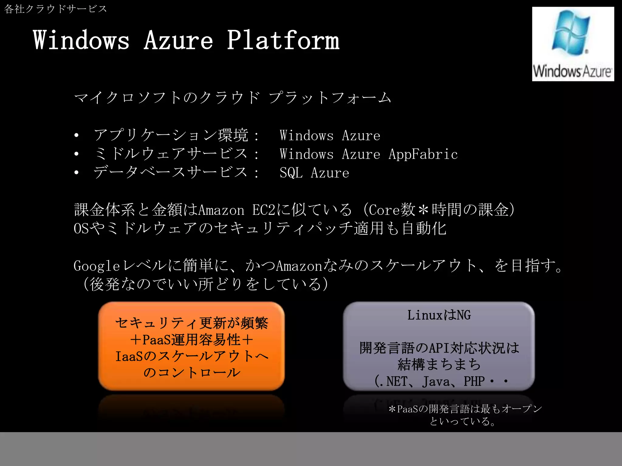 各社クラウドサービス


  Windows Azure Platform
      マイクロソフトのクラウド プラットフォーム

      • アプリケーション環境： Windows Azure
      • ミドルウェアサービス： Windows Azure AppFabric
      • データベースサービス： SQL Azure

      課金体系と金額はAmazon EC2に似ている（Core数＊時間の課金）
      OSやミドルウェアのセキュリティパッチ適用も自動化

      Googleレベルに簡単に、かつAmazonなみのスケールアウト、を目指す。
      （後発なのでいい所どりをしている）
                                      LinuxはNG
             セキュリティ更新が頻繁
               ＋PaaS運用容易性＋
                                 開発言語のAPI対応状況は
             IaaSのスケールアウトへ
                                     結構まちまち
                 のコントロール
                                 （.NET、Java、PHP・・
                                    ＊PaaSの開発言語は最もオープン
                                          といっている。
 