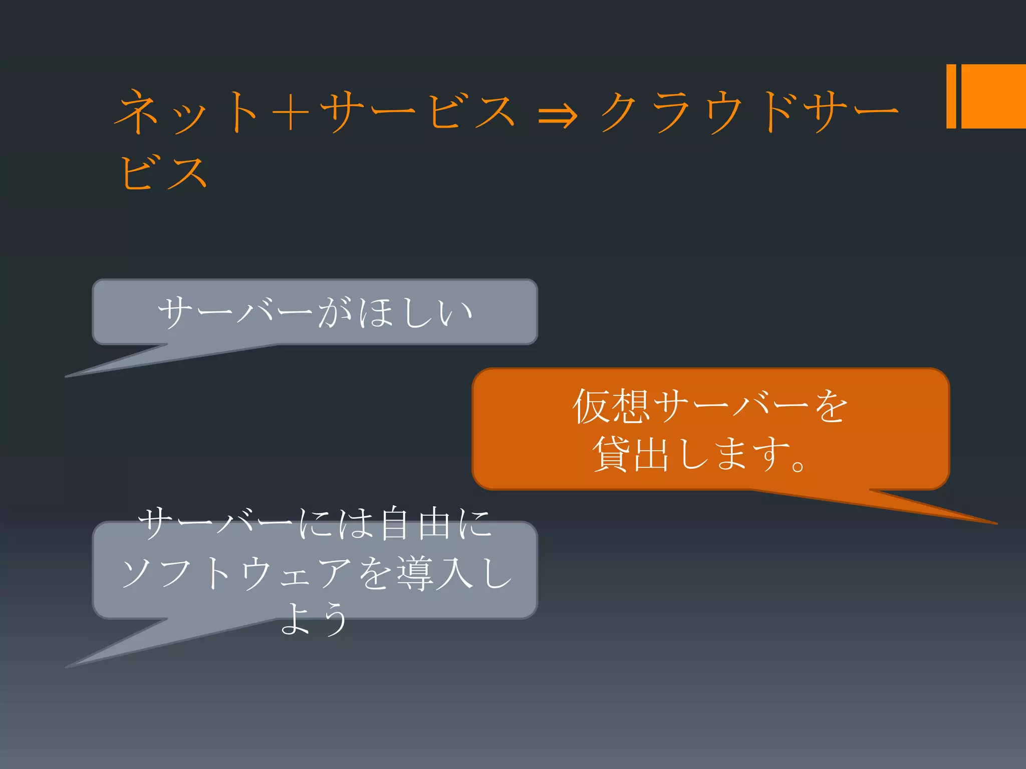ネット＋サービス ⇒ クラウドサー
ビス

 サーバーがほしい

             仮想サーバーを
             貸出します。
 サーバーには自由に
ソフトウェアを導入し
    よう
 