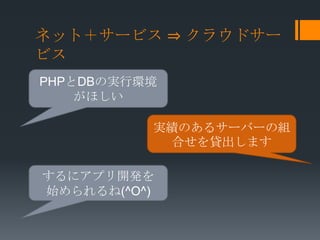 ネット＋サービス ⇒ クラウドサー
ビス
PHPとDBの実行環境
    がほしい

          実績のあるサーバーの組
           合せを貸出します

するにアプリ開発を
始められるね(^O^)
 
