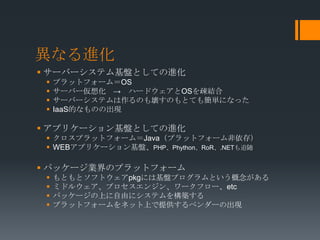 異なる進化
 サーバーシステム基盤としての進化
    プラットフォーム＝OS
    サーバー仮想化 → ハードウェアとOSを疎結合
    サーバーシステムは作るのも壊すのもとても簡単になった
    IaaS的なものの出現

 アプリケーション基盤としての進化
  クロスプラットフォーム＝Java（プラットフォーム非依存）
  WEBアプリケーション基盤、PHP、Phython、RoR、.NETも追随

 パッケージ業界のプラットフォーム
    もともとソフトウェアpkgには基盤プログラムという概念がある
    ミドルウェア、プロセスエンジン、ワークフロー、etc
    パッケージの上に自由にシステムを構築する
    プラットフォームをネット上で提供するベンダーの出現
 