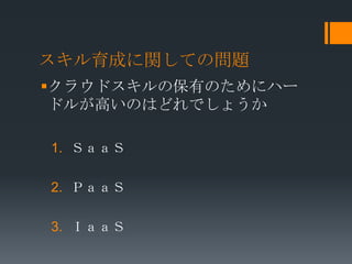 スキル育成に関しての問題
クラウドスキルの保有のためにハー
 ドルが高いのはどれでしょうか

1. ＳａａＳ

2. ＰａａＳ

3. ＩａａＳ
 
