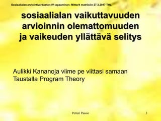 Sosiaalialan arviointiverkoston IV tapaaminen: Mittarit matriisiin 27.3.2017 THL
sosiaalialan vaikuttavuuden
arvioinnin olemattomuuden
ja vaikeuden yllättävä selitys
3Petteri Paasio
Aulikki Kananoja viime pe viittasi samaan
Taustalla Program Theory
 