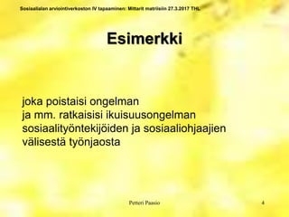 Sosiaalialan arviointiverkoston IV tapaaminen: Mittarit matriisiin 27.3.2017 THL
Esimerkki
4Petteri Paasio
joka poistaisi ongelman
ja mm. ratkaisisi ikuisuusongelman
sosiaalityöntekijöiden ja sosiaaliohjaajien
välisestä työnjaosta
 