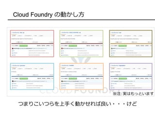 Cloud Foundry の動かし方
つまりこいつらを上手く動かせれば良い・・・けど
※注: 実はもっといます
 