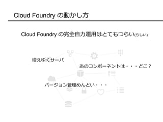 Cloud Foundry の動かし方
Cloud Foundry の完全自力運用はとてもつらい(らしい)
増えゆくサーバ
あのコンポーネントは・・・どこ？
バージョン管理めんどい・・・
 