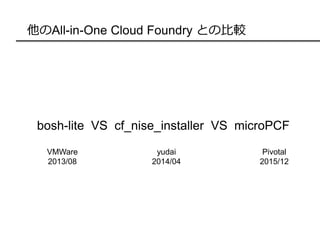 他のAll-in-One Cloud Foundry との比較
bosh-lite VS cf_nise_installer VS microPCF
VMWare
2013/08
yudai
2014/04
Pivotal
2015/12
 