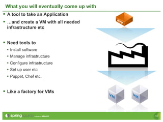 What you will eventually come up with
§  A tool to take an Application
§  …and create a VM with all needed
  infrastructure etc


§  Need tools to
  •  Install software
  •  Manage infrastructure
  •  Configure infrastructure
  •  Set up user etc
  •  Puppet, Chef etc.


§  Like a factory for VMs



                                         15
 