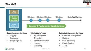 © Solinea, Inc.
The MVP
17
Base Common Services
§  Logging
§  Monitoring
§  Single Sign-on
Extended Common Services
§  Certificate Management
§  Caching
§  Load Balancing
§  Elastic Scaling
§  … etc.
“Hello World” App
§  e.g. Wordpress
§  Three-tier
§  SSO Authentication
§  Logging
§  Monitoring
Base
Common
Services
Base
Platform
“Hello
World”
PaaS MVP
MilestoneMilestoneMilestone
Common & Published Services Extension
Scale App MigrationMilestone
 