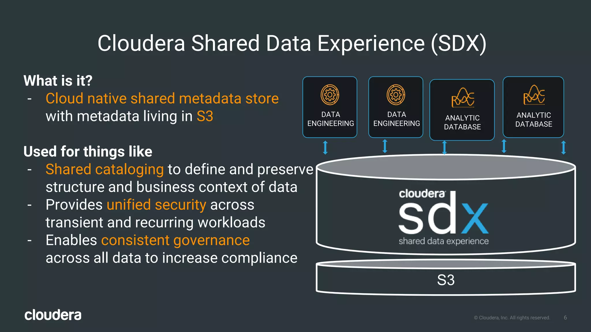 6© Cloudera, Inc. All rights reserved.
What is it?
- Cloud native shared metadata store
with metadata living in S3
Used for things like
- Shared cataloging to define and preserve
structure and business context of data
- Provides unified security across
transient and recurring workloads
- Enables consistent governance
across all data to increase compliance
Cloudera Shared Data Experience (SDX)
S3
DATA
ENGINEERING
DATA
ENGINEERING
ANALYTIC
DATABASE
ANALYTIC
DATABASE
 