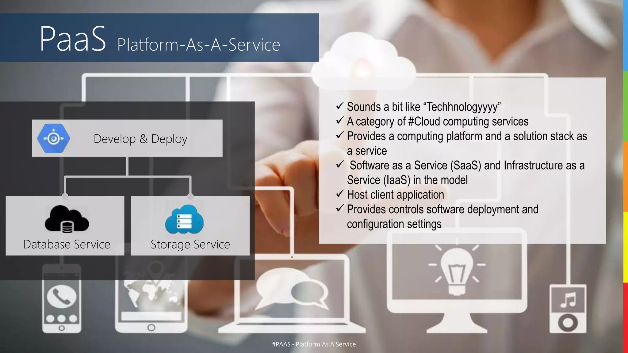 #PAAS - Platform As A Service
PaaS Platform-As-A-Service
 Sounds a bit like “Techhnologyyyy”
 A category of #Cloud computing services
 Provides a computing platform and a solution stack as
a service
 Software as a Service (SaaS) and Infrastructure as a
Service (IaaS) in the model
 Host client application
 Provides controls software deployment and
configuration settings
Database Service Storage Service
Develop & Deploy
 