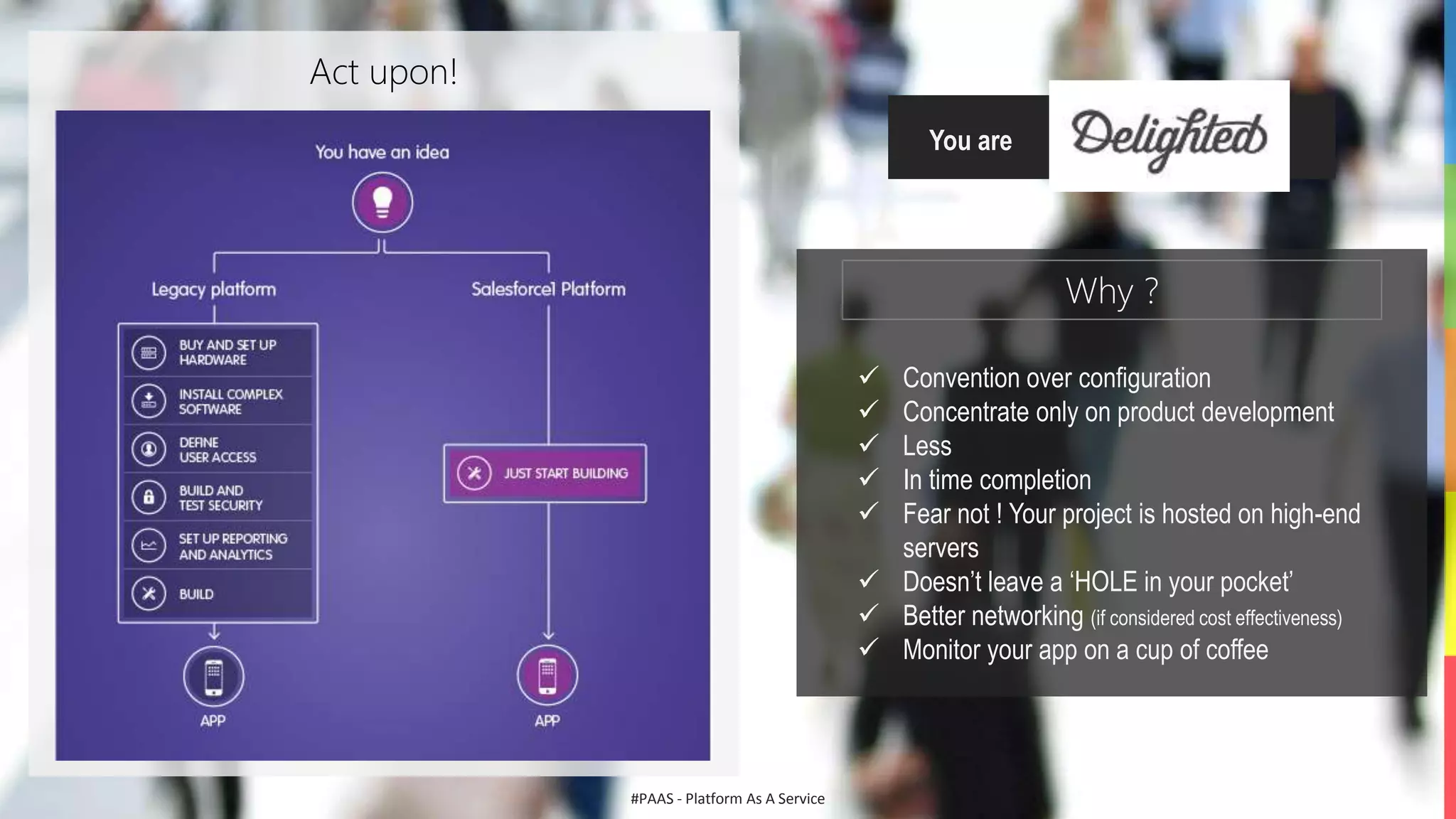 #PAAS - Platform As A Service
Act upon!
You are
Why ?
 Convention over configuration
 Concentrate only on product development
 Less
 In time completion
 Fear not ! Your project is hosted on high-end
servers
 Doesn’t leave a ‘HOLE in your pocket’
 Better networking (if considered cost effectiveness)
 Monitor your app on a cup of coffee
 