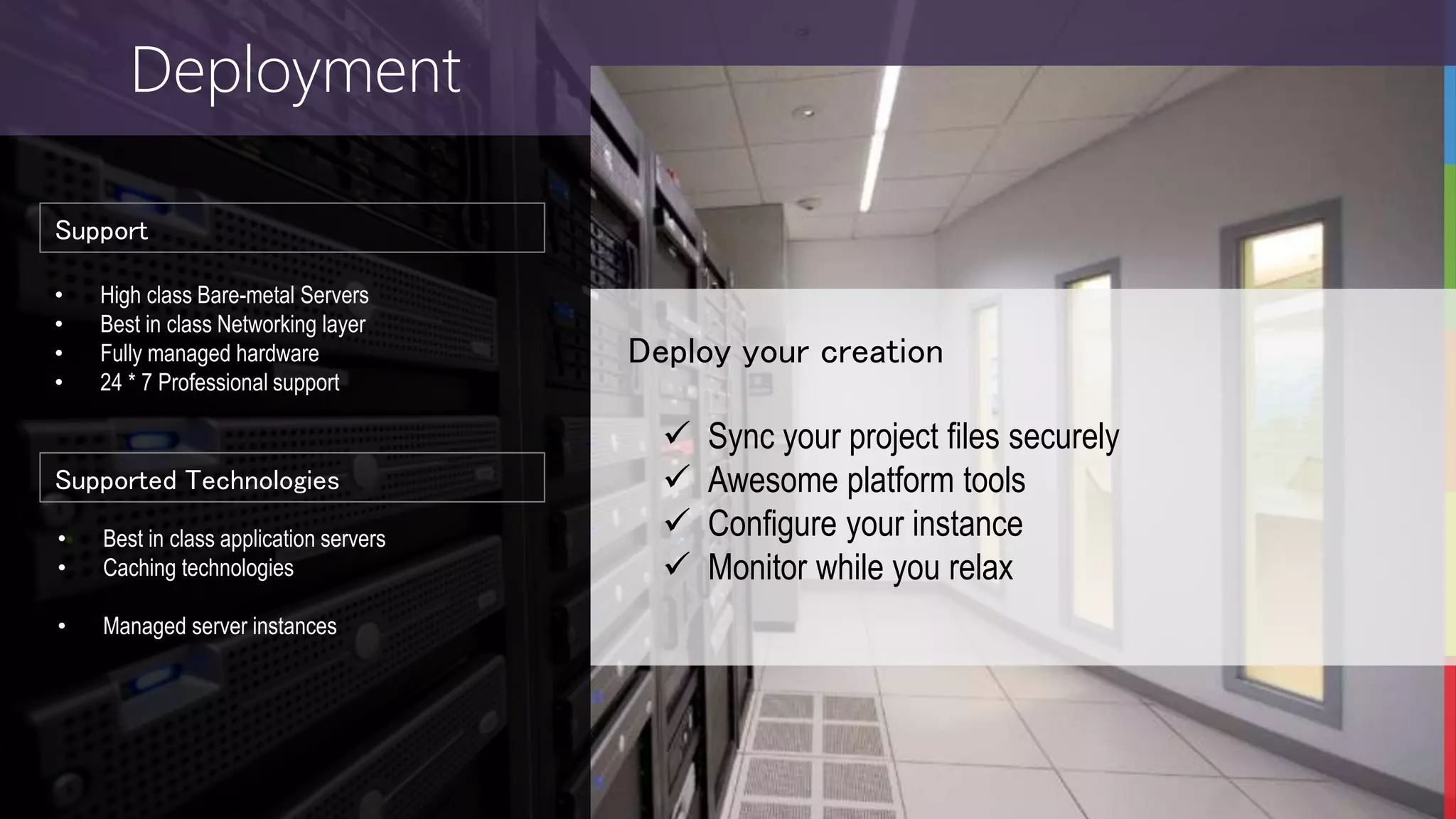 Deployment
Support
• High class Bare-metal Servers
• Best in class Networking layer
• Fully managed hardware
• 24 * 7 Professional support
Deploy your creation
 Sync your project files securely
 Awesome platform tools
 Configure your instance
 Monitor while you relax
Supported Technologies
• Best in class application servers
• Caching technologies
• Managed server instances
 
