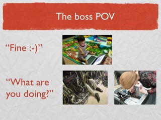 The boss POV


“Fine :-)”


“What are
you doing?”
 