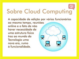 Sobre Cloud Computing
A capacidade de edição por vários funcionários
ao mesmo tempo, reuniões
online e o fato de não
haver necessidade de
uma estrutura física
traz ao mundo da
Tecnologia uma
nova era, rumo
à funcionalidade.
 