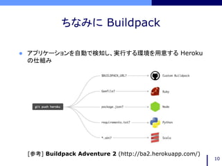 ちなみに Buildpack
 アプリケーションを自動で検知し、実行する環境を用意する Heroku
の仕組み
10
[参考] Buildpack Adventure 2 (http://ba2.herokuapp.com/)
 