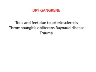 DRY GANGRENE
Toes and feet due to arteriosclerosis
Thromboangitis obliterans Raynaud disease
Trauma
 