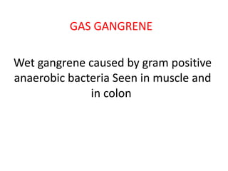 GAS GANGRENE
Wet gangrene caused by gram positive
anaerobic bacteria Seen in muscle and
in colon
 