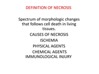 DEFINITION OF NECROSIS
Spectrum of morphologic changes
that follows cell death in living
tissues.
CAUSES OF NECROSIS
ISCHEMIA
PHYSICAL AGENTS
CHEMICAL AGENTS
IMMUNOLOGICAL INJURY
 