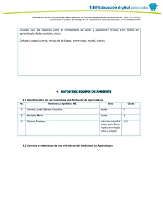 Porque es
Elaborado por: Equipo Univ ersidad del Valle en desarrollo del Conv enio interadministrativ o de asociación No. 4143.0.27.016-2015
suscrito entre el Municipio de Santiago de Cali – Secretaría de Educación Municipal y la Univ ersidad del Valle
¿Cuáles son los espacios para el intercambio de ideas y opiniones? (Foros, CoP, Redes de
aprendizaje, Redes sociales, otros)
Debates, exposiciones, mesas de diálogos, entrevistas, mural, videos.
4. DATOS DEL EQUIPO DE AMBIENTE
4.1 Identificación de los miembros del Ambiente de Aprendizaje
No. Nombres y Apellidos ME Área Grado
1 Sandra Liceth Otálvaro Ceballos todas 2
2 Marizela Mena todas 3
3 Patricia Restrepo ciencias,español,
artes, educ física,
inglés,tecnología,
ética y religión
4-5
4.2 Correos electrónicos de los miembros del Ambiente de Aprendizaje
 