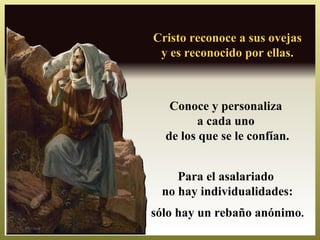 Cristo reconoce a sus ovejas
 y es reconocido por ellas.



   Conoce y personaliza
        a cada uno
  de los que se le confían.


    Para el asalariado
 no hay individualidades:
sólo hay un rebaño anónimo.
 