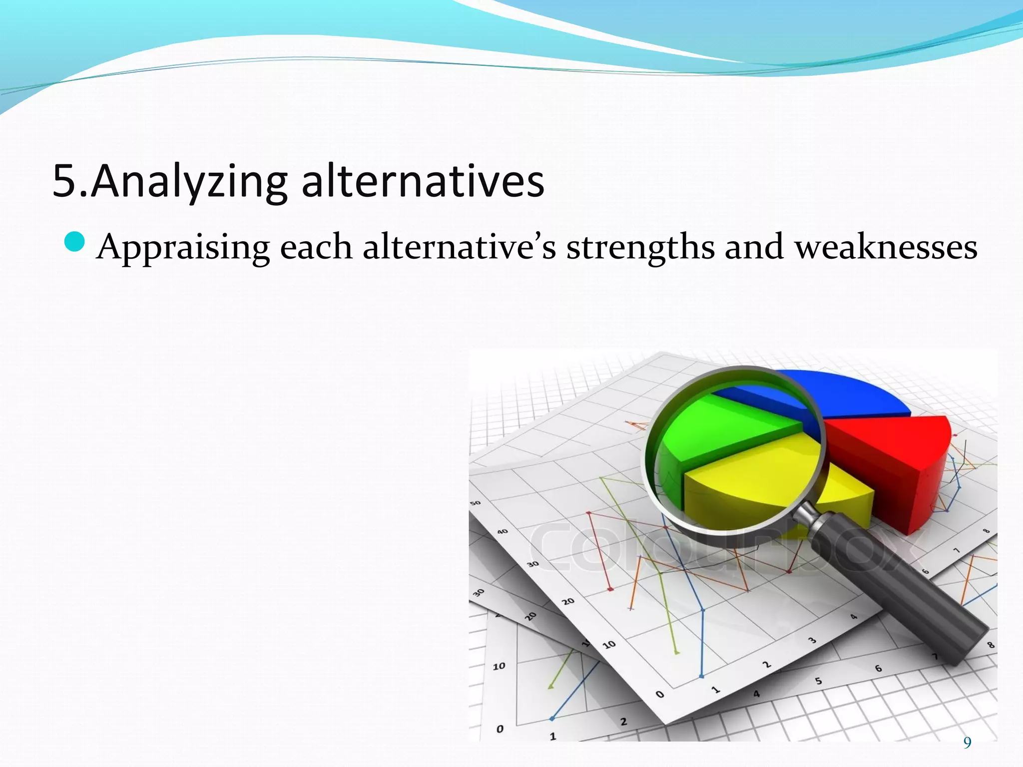 5.Analyzing alternatives
Appraising each alternative’s strengths and weaknesses
9
 