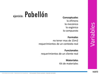 HABITOUniversidad de Los Andes – Departamento de Arquitectura Curso proyecto: Técnica y proyecto - Aprender del detalle
Variables
Conceptuales
lo efímero
lo mecánico
lo orgánico
lo compuesto
Formales
no tener mas de 15m2
requerimientos de un contexto real
Funcionales
requerimientos de un cliente real
Materiales
Kit de materiales
ejercicio: Pabellón
 