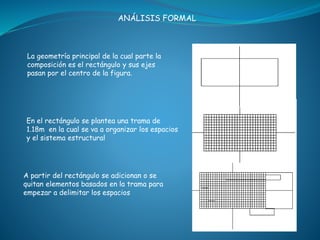 ANÁLISIS FORMAL
La geometría principal de la cual parte la
composición es el rectángulo y sus ejes
pasan por el centro de la figura.
En el rectángulo se plantea una trama de
1.18m en la cual se va a organizar los espacios
y el sistema estructural
A partir del rectángulo se adicionan o se
quitan elementos basados en la trama para
empezar a delimitar los espacios
 