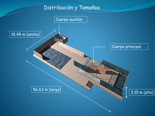 Distribución y Tamaños
Cuerpo principal.
56,63 m (largo)
3,10 m (alto)
18,48 m (ancho)
Cuerpo auxiliar
 