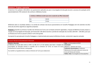 16 
Domínio C. Projetos e parcerias 
O domínio C foi avaliado e 2011/2012, nos questionários aplicados aos pais e encarregados de educação durante o processo de avaliação da BE, aproximadamente 74% revelaram não conhecer a Biblioteca Escolar. 
1. Conhece a biblioteca escolar que serve a escola do seu filho/ educando? 
Sim 
26.4% 
Não 
73.6% 
Refletindo sobre os resultados obtidos e no sentido de colmatar esta lacuna apresentámos em Conselho Pedagógico de 6 de setembro de 2012 (inicio do ano letivo seguinte) as seguintes propostas: 
Proposta 1: Quando as primeiras reuniões dos Diretores de Turma com os EE/pais estiverem agendadas, a Equipa da Biblioteca Escolar prepara a receção aos Encarregados de Educação, permanecendo a BE aberta durante o período de realização das reuniões (18h.30m – 20h.00m), para que os Diretores de Turma os possam conduzir numa visita guiada. 
A proposta foi aprovada pelo Conselho Pedagógico e implementada pela equipa da Biblioteca Escolar, conduzindo à seguinte avaliação. 
ATIVIDADE: RECEÇÃO AOS ENCARREGADOS DE EDUCAÇÃO 
Relatório /descrição 
Data: 1 a 4 de outubro de 2012 
A Biblioteca da Escola abriu entre as 19h e as 20h, de 1 a 4 de outubro, para fazer a receção aos Encarregados de Educação durante as reuniões com os Diretores de Turma. Os alunos do Curso Profissional de Turismo fizeram a visita guiada. 
Fica também um agradecimento a todos os Diretores de Turma que colaboraram. 
Articulação: 
Biblioteca – Diretores de Turma 
Professores dinamizadores: Professora Bibliotecária (Fernanda Ledesma) e alunos do Curso de Técnicos de Turismo. 
Público- Alvo: Encarregados de Educação/Pais 
 