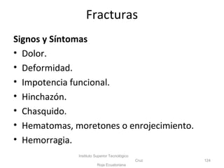 Signos y Síntomas
• Dolor.
• Deformidad.
• Impotencia funcional.
• Hinchazón.
• Chasquido.
• Hematomas, moretones o enrojecimiento.
• Hemorragia.
Instituto Superior Tecnológico
Cruz
Roja Ecuatoriana
124
Fracturas
 