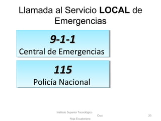 9-1-19-1-1
Central de Emergencias
9-1-19-1-1
Central de Emergencias
Llamada al Servicio LOCAL de
Emergencias
Instituto Superior Tecnológico
Cruz
Roja Ecuatoriana
20
115115
Policía Nacional
115115
Policía Nacional
 